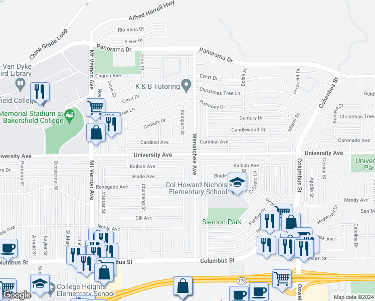 map of restaurants, bars, coffee shops, grocery stores, and more near 3008 University Avenue in Bakersfield