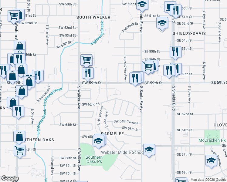 map of restaurants, bars, coffee shops, grocery stores, and more near 6050 South Harvey Avenue in Oklahoma City