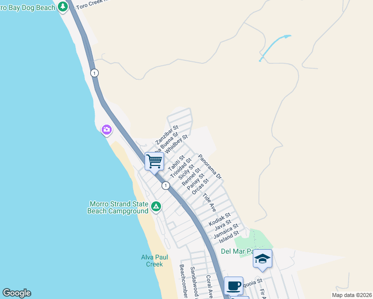map of restaurants, bars, coffee shops, grocery stores, and more near 3331 Panorama Drive in Morro Bay