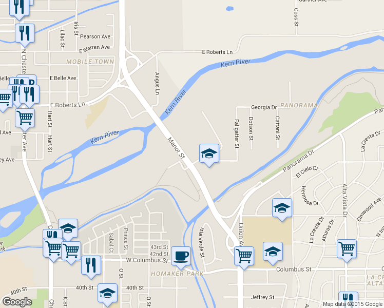 map of restaurants, bars, coffee shops, grocery stores, and more near 10 Denise Avenue in Bakersfield