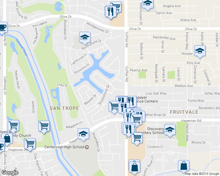 map of restaurants, bars, coffee shops, grocery stores, and more near 8224 Whitewater Drive in Bakersfield