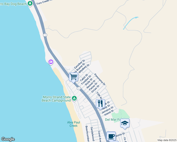map of restaurants, bars, coffee shops, grocery stores, and more near 563 Whidbey Street in Morro Bay