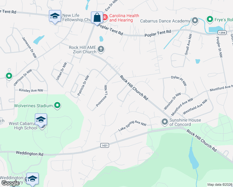map of restaurants, bars, coffee shops, grocery stores, and more near 3358 Chadbury Drive Northwest in Concord