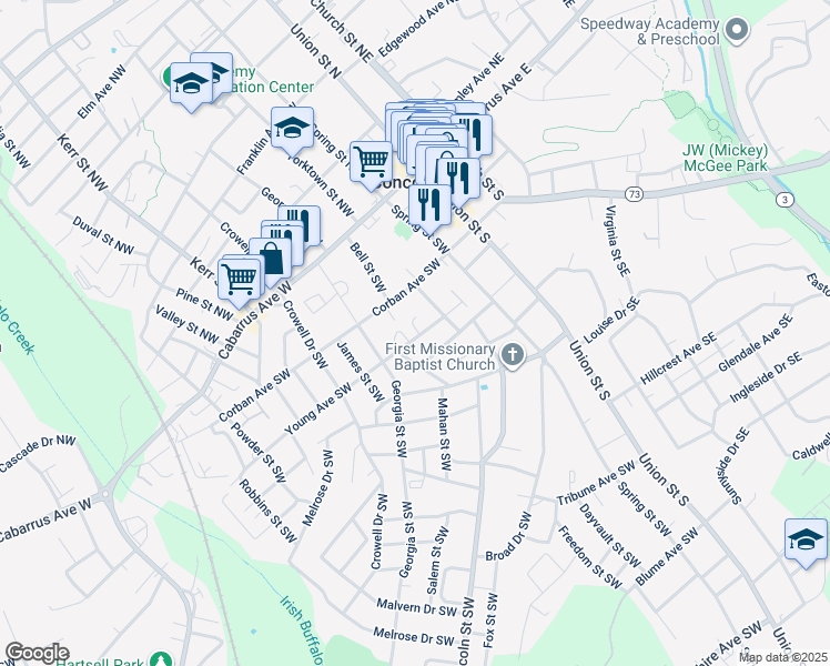 map of restaurants, bars, coffee shops, grocery stores, and more near 94 Harold Place Southwest in Concord