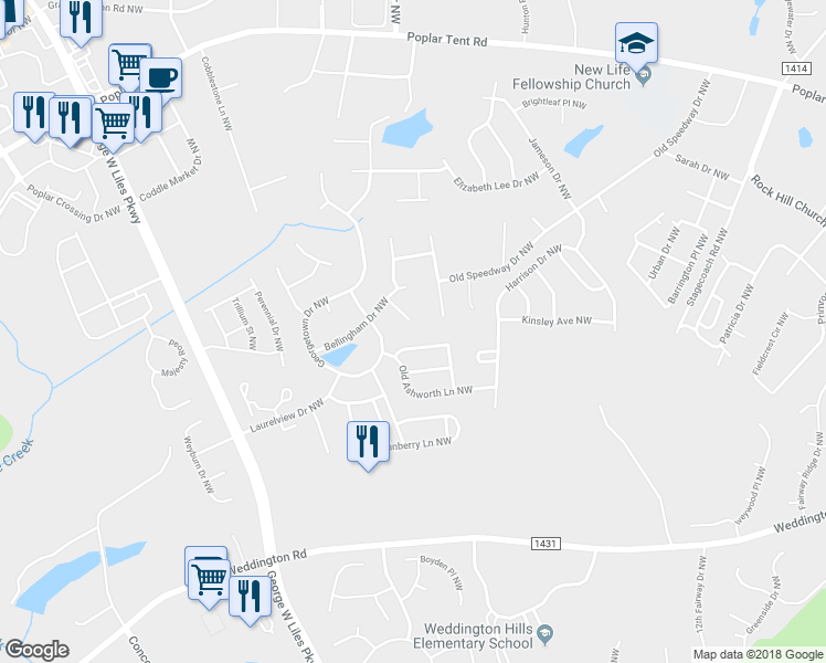 map of restaurants, bars, coffee shops, grocery stores, and more near 546 Buffinton Court Northwest in Concord