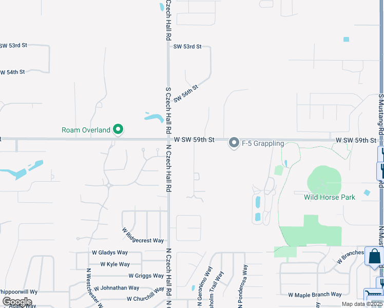 map of restaurants, bars, coffee shops, grocery stores, and more near 1501 North Thoroughbred Way in Mustang