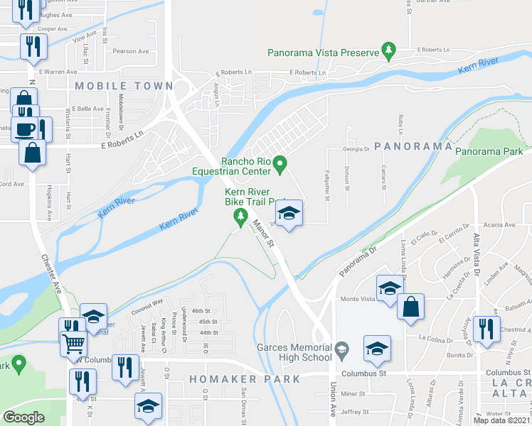 map of restaurants, bars, coffee shops, grocery stores, and more near 10 Denise Avenue in Bakersfield