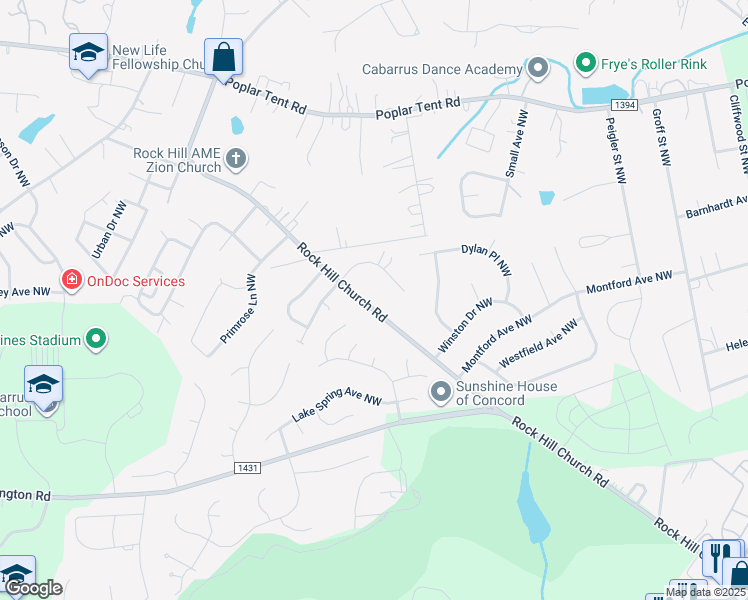 map of restaurants, bars, coffee shops, grocery stores, and more near 3316 Rock Hill Church Road in Concord