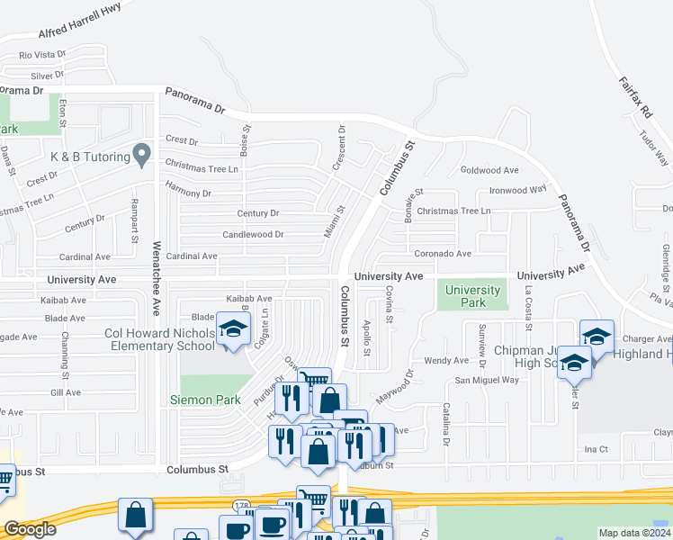 map of restaurants, bars, coffee shops, grocery stores, and more near 4200 Columbus Street in Bakersfield