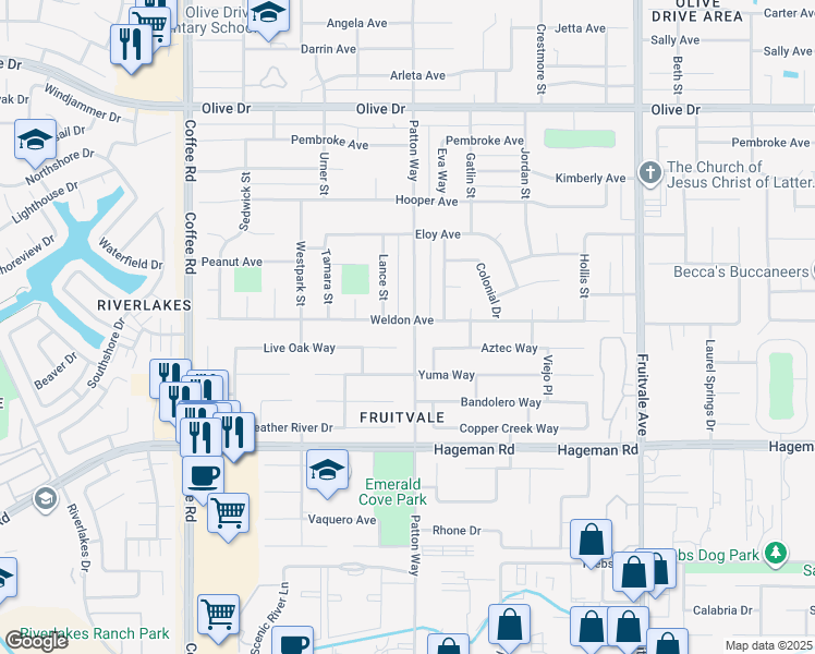 map of restaurants, bars, coffee shops, grocery stores, and more near 7301 Weldon Avenue in Bakersfield