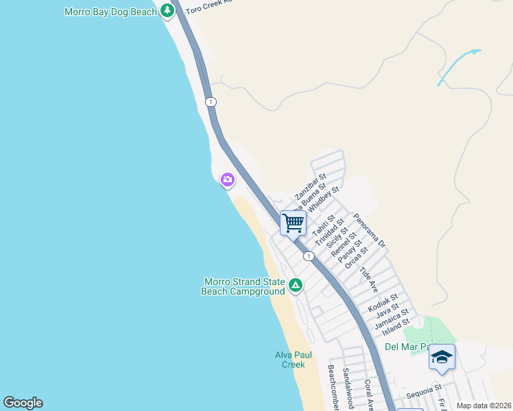 map of restaurants, bars, coffee shops, grocery stores, and more near 3466 Toro Lane in Morro Bay