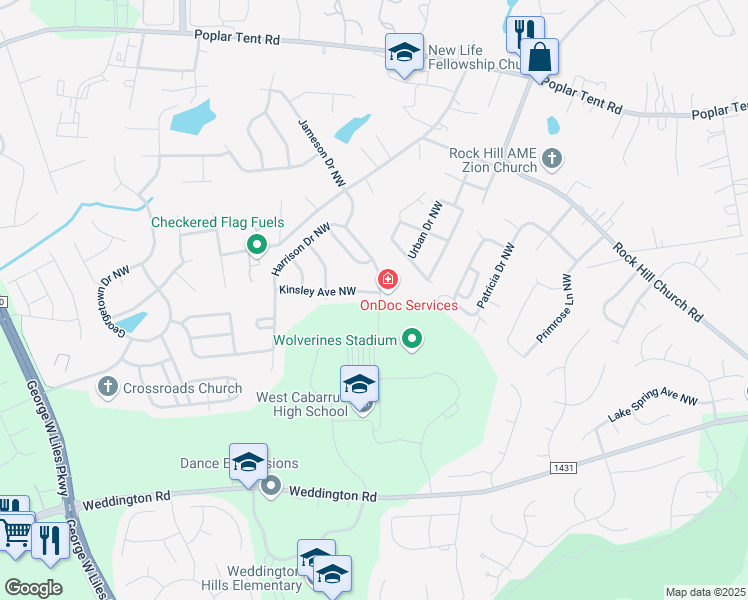 map of restaurants, bars, coffee shops, grocery stores, and more near 2688 Kinsley Avenue Northwest in Concord