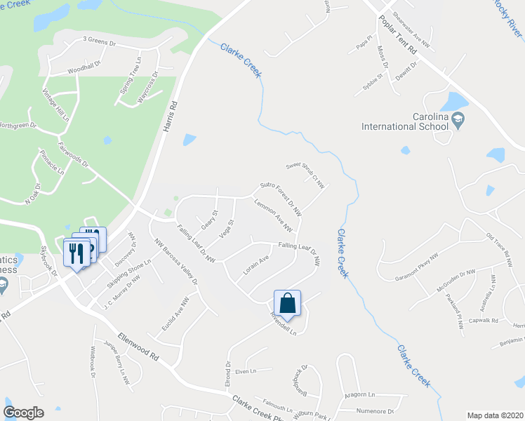 map of restaurants, bars, coffee shops, grocery stores, and more near 10319 Lemmon Avenue Northwest in Concord