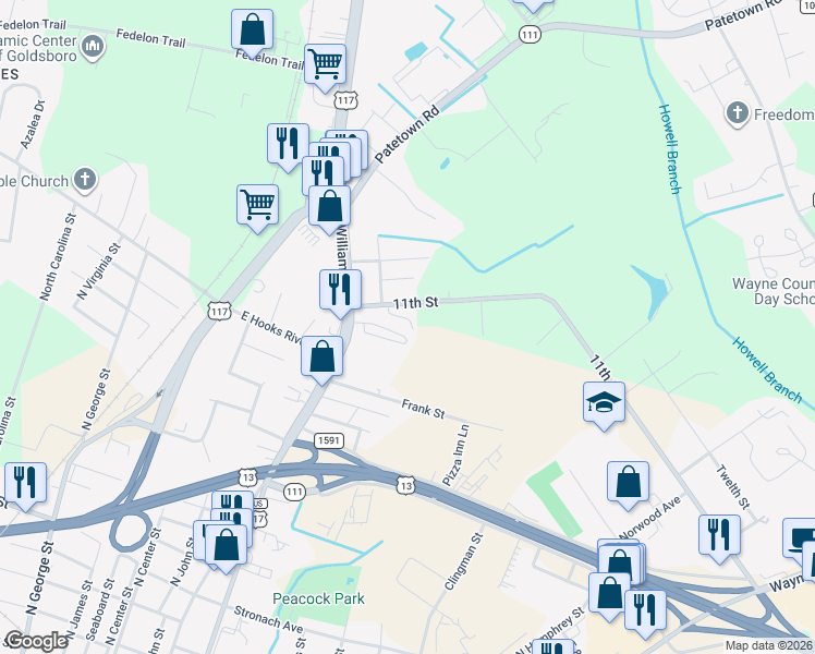 map of restaurants, bars, coffee shops, grocery stores, and more near 516 11th St in Goldsboro