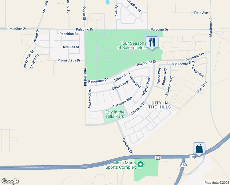 map of restaurants, bars, coffee shops, grocery stores, and more near 5715 Cordonata Way in Bakersfield