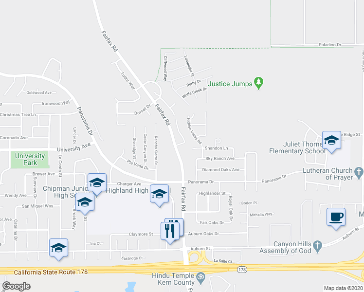 map of restaurants, bars, coffee shops, grocery stores, and more near 5713 Fairfax Road in Bakersfield