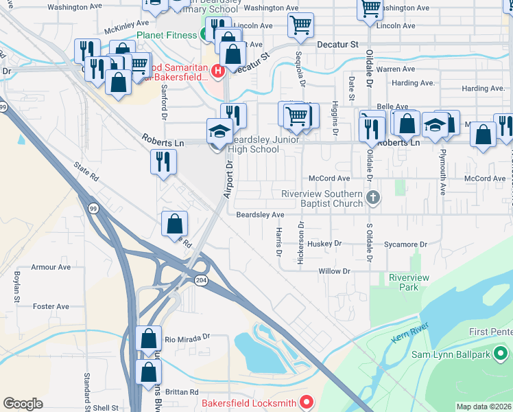 map of restaurants, bars, coffee shops, grocery stores, and more near 104 Cedarwood Lane in Bakersfield