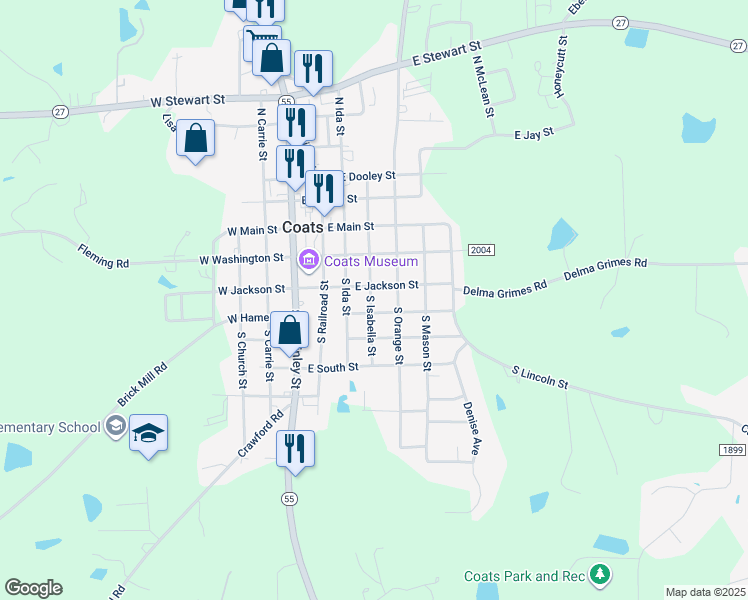 map of restaurants, bars, coffee shops, grocery stores, and more near 133 South Isabella Street in Coats