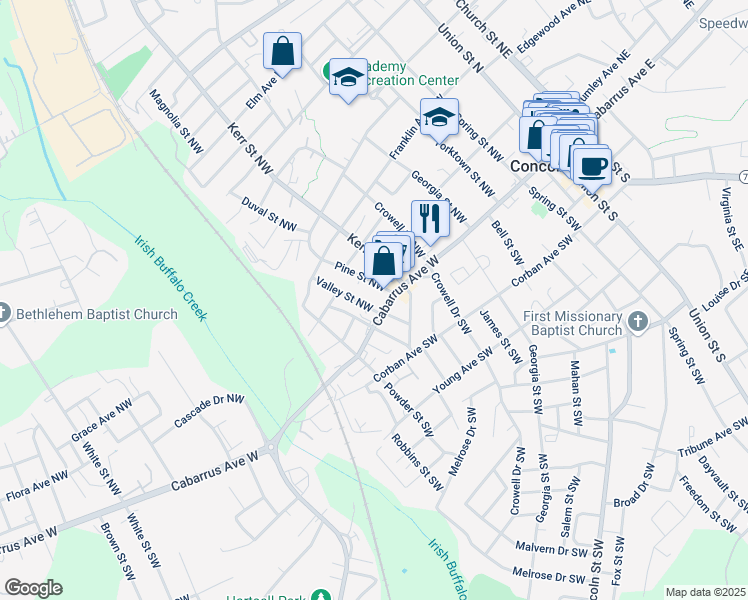 map of restaurants, bars, coffee shops, grocery stores, and more near 26 Pine Street Northwest in Concord