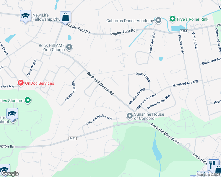 map of restaurants, bars, coffee shops, grocery stores, and more near 3316 Rock Hill Church Road in Concord
