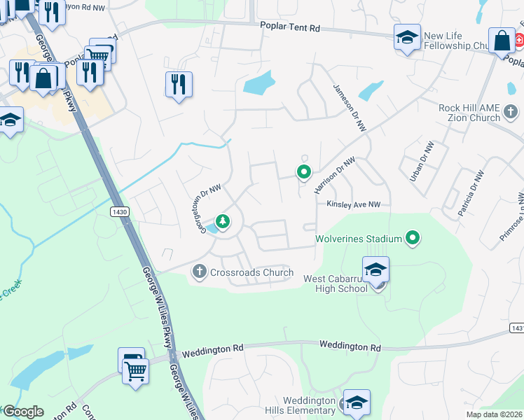 map of restaurants, bars, coffee shops, grocery stores, and more near 537 Buffinton Court Northwest in Concord