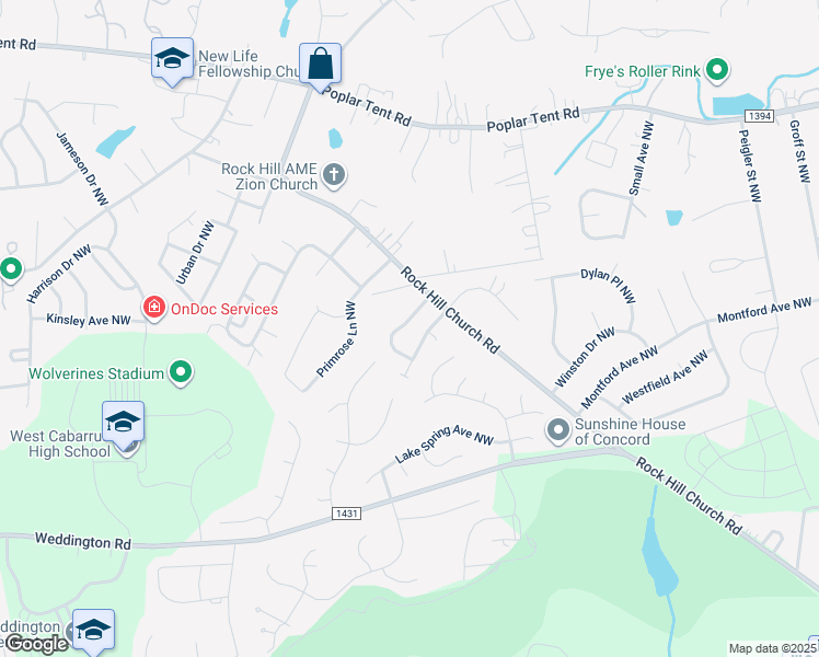 map of restaurants, bars, coffee shops, grocery stores, and more near 3365 Chadbury Drive Northwest in Concord