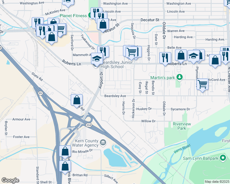 map of restaurants, bars, coffee shops, grocery stores, and more near 61 Cinnamon Lane in Bakersfield