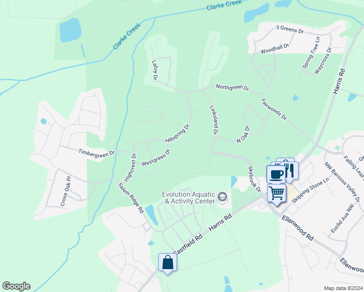 map of restaurants, bars, coffee shops, grocery stores, and more near 14702 Elmcrest Court in Huntersville