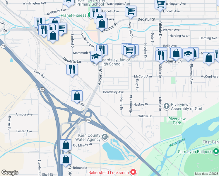 map of restaurants, bars, coffee shops, grocery stores, and more near 61 Cinnamon Lane in Bakersfield