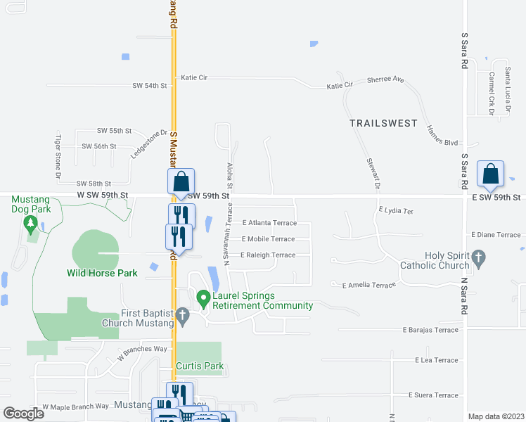 map of restaurants, bars, coffee shops, grocery stores, and more near 316 East Georgia Terrace in Mustang