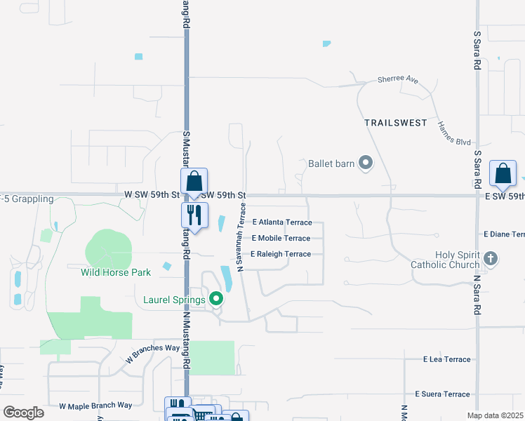map of restaurants, bars, coffee shops, grocery stores, and more near 304 East Georgia Terrace in Mustang