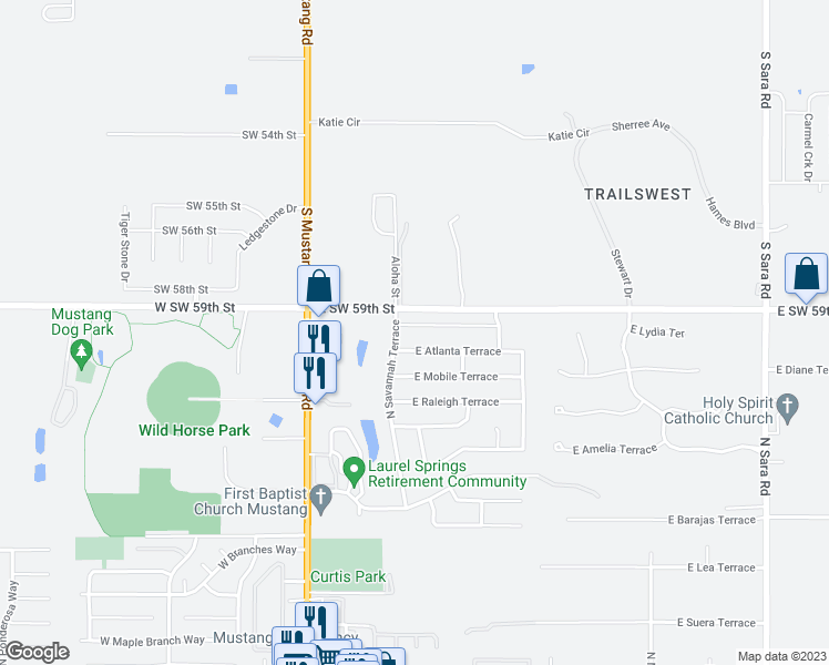 map of restaurants, bars, coffee shops, grocery stores, and more near 252 East Georgia Terrace in Mustang