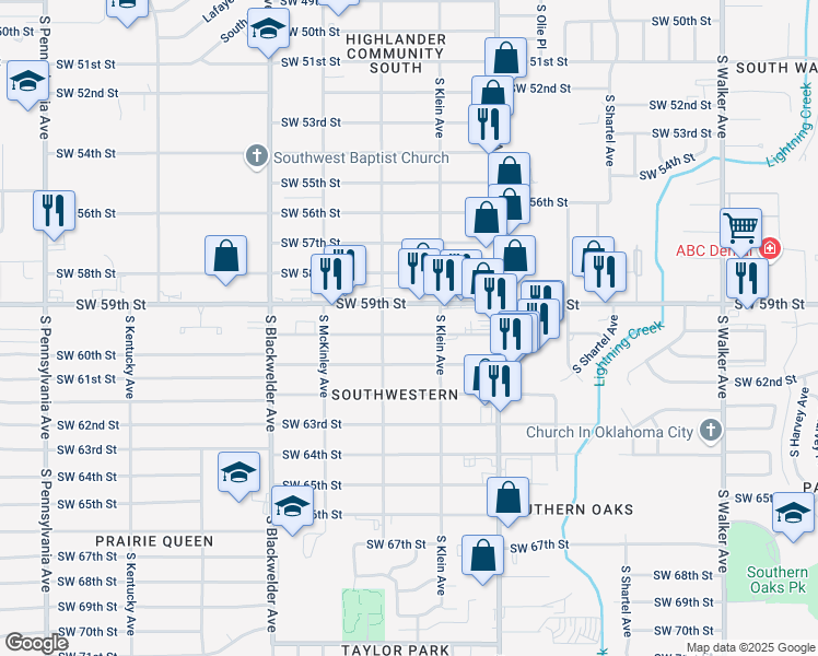 map of restaurants, bars, coffee shops, grocery stores, and more near 1021 Southwest 60th Street in Oklahoma City