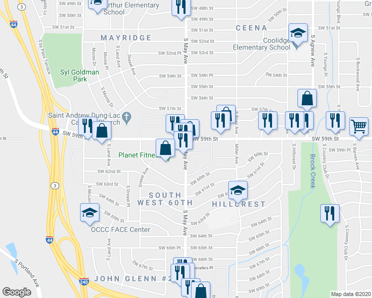 map of restaurants, bars, coffee shops, grocery stores, and more near 6022 South May Avenue in Oklahoma City