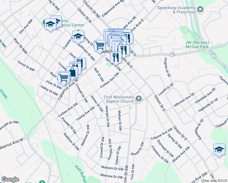 map of restaurants, bars, coffee shops, grocery stores, and more near 94 Young Avenue Southwest in Concord