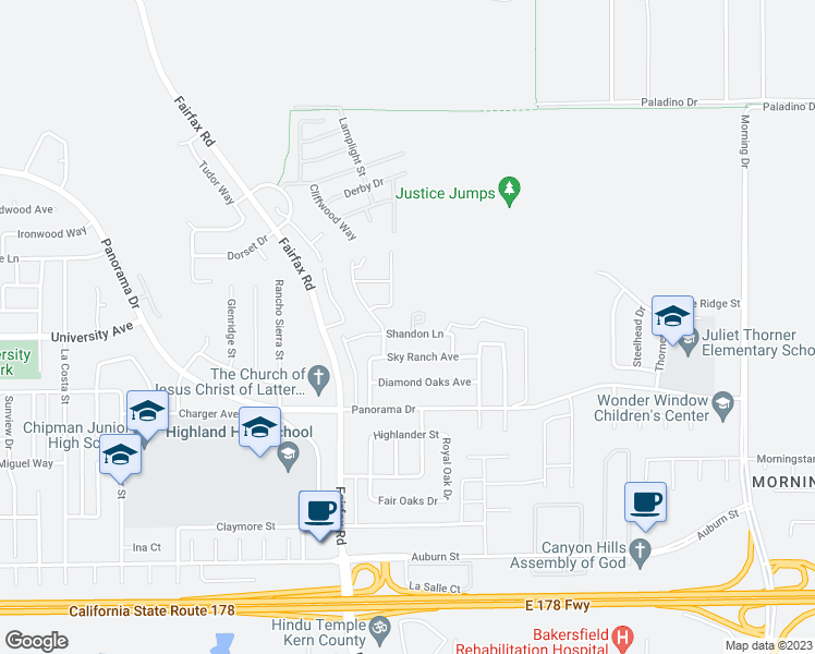 map of restaurants, bars, coffee shops, grocery stores, and more near 5700 Panorama Crest Drive in Bakersfield