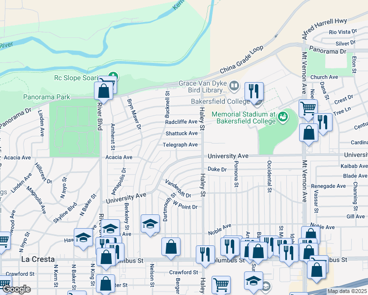 map of restaurants, bars, coffee shops, grocery stores, and more near 1309 Telegraph Avenue in Bakersfield
