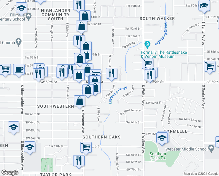 map of restaurants, bars, coffee shops, grocery stores, and more near 705 Southwest 60th Terrace in Oklahoma City