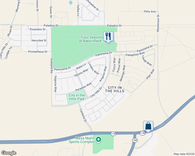 map of restaurants, bars, coffee shops, grocery stores, and more near 10323 Paradiso Way in Bakersfield
