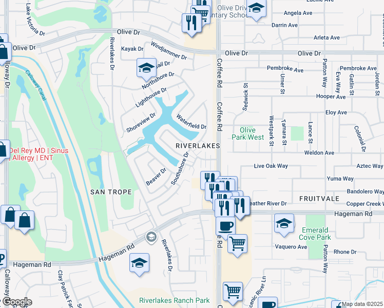 map of restaurants, bars, coffee shops, grocery stores, and more near 4925 Rock Bottom Way in Bakersfield