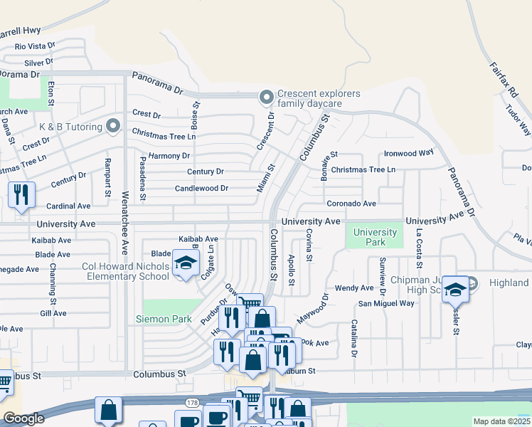 map of restaurants, bars, coffee shops, grocery stores, and more near 4236 Columbus Street in Bakersfield