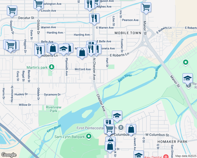 map of restaurants, bars, coffee shops, grocery stores, and more near 126 North Chester Avenue in Bakersfield