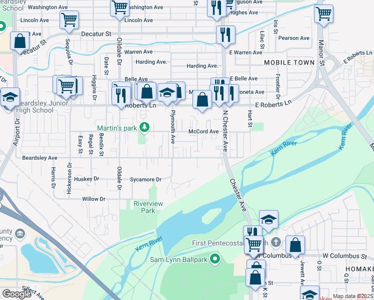 map of restaurants, bars, coffee shops, grocery stores, and more near 201 McCord Avenue in Bakersfield