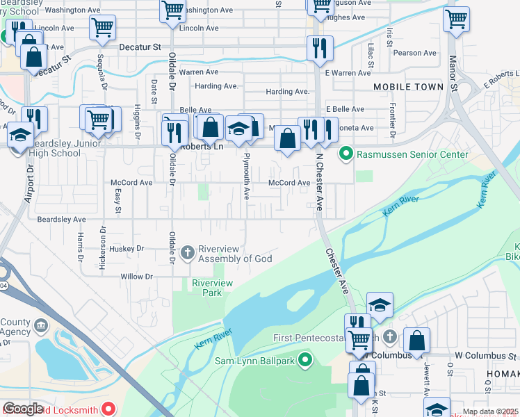 map of restaurants, bars, coffee shops, grocery stores, and more near 114 1/2 South Plymouth Avenue in Bakersfield