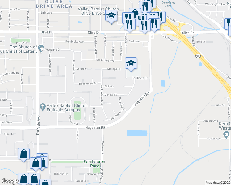 map of restaurants, bars, coffee shops, grocery stores, and more near 5513 Sicily Court in Bakersfield
