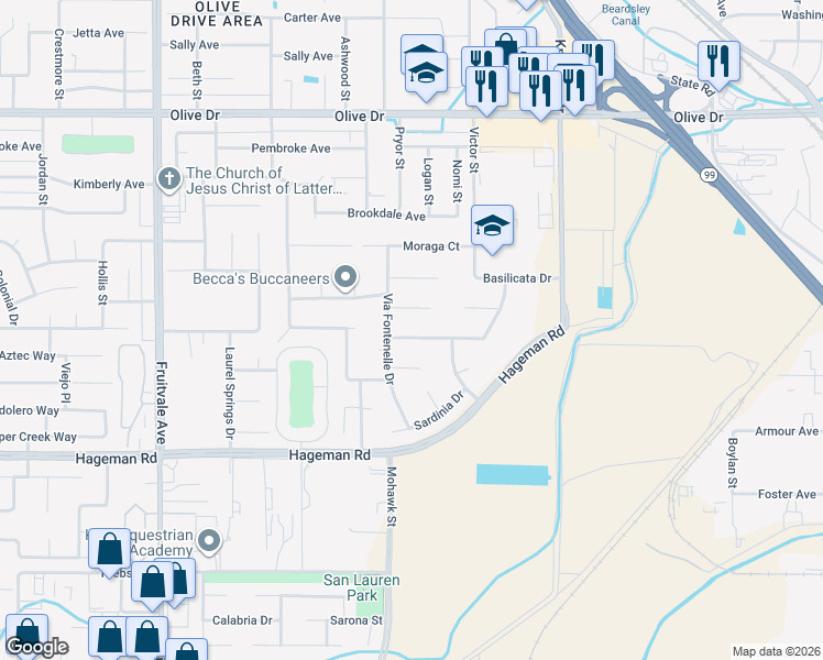 map of restaurants, bars, coffee shops, grocery stores, and more near 5513 Sicily Court in Bakersfield