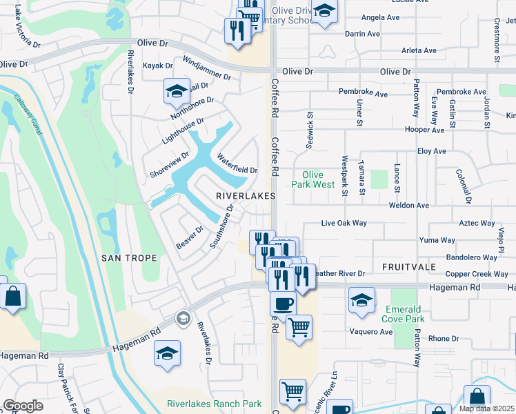 map of restaurants, bars, coffee shops, grocery stores, and more near 8101 Falls Court in Bakersfield