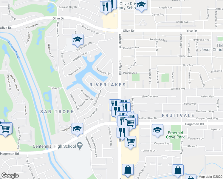 map of restaurants, bars, coffee shops, grocery stores, and more near 8224 Whitewater Drive in Bakersfield