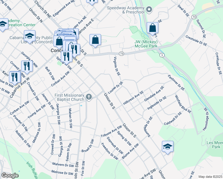 map of restaurants, bars, coffee shops, grocery stores, and more near 45 Louise Drive Southeast in Concord