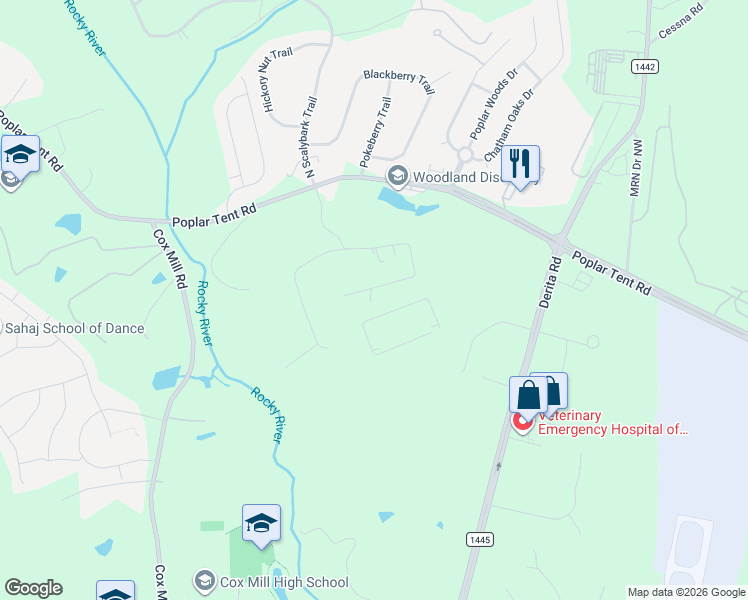 map of restaurants, bars, coffee shops, grocery stores, and more near 561 Bent Oak Trail in Concord